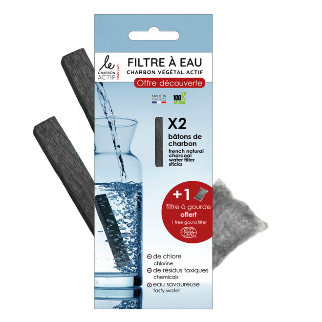Pack Sérénité : Eau Pure & Nomade 2 bâtons de charbons français + 1 filtre à gourde offert Le Charbon Actif Français