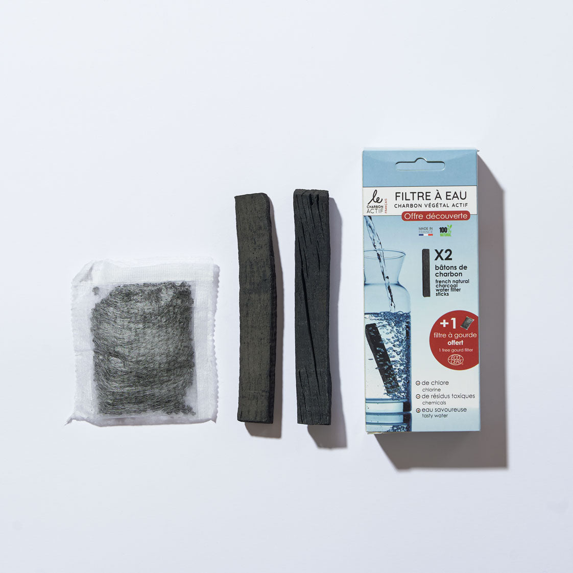 Pack Sérénité : Eau Pure & Nomade 2 bâtons de charbons français + 1 filtre à gourde offert Le Charbon Actif Français