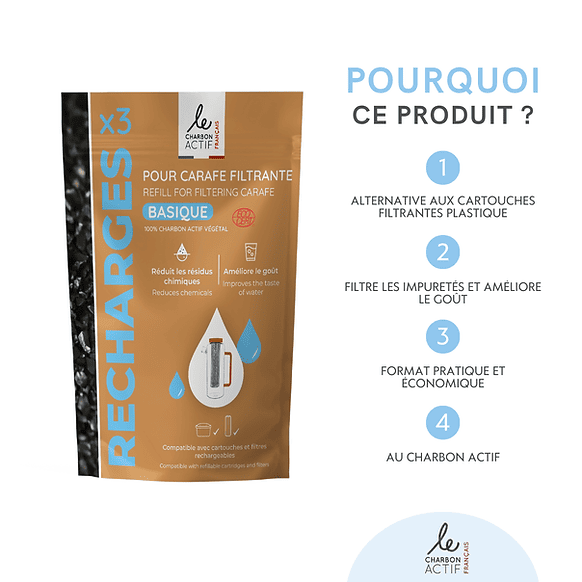 Recharges au charbon actif pour carafes et systèmes filtrants Le Charbon Actif Français